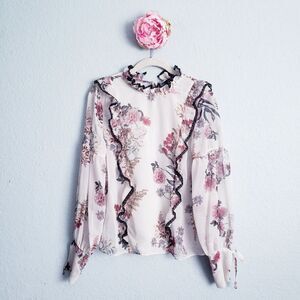 Floral Ruffle Blouse - Pink and Black